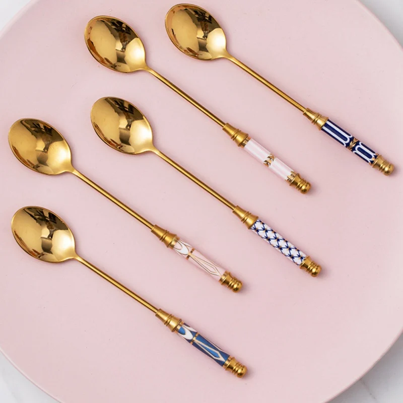 

1pc Gold-plated Ceramic Long Handle Spoon Stainless Steel Dessert Coffee Milk Stirring Spoon Teaspoon Kitchen Tableware Utensils