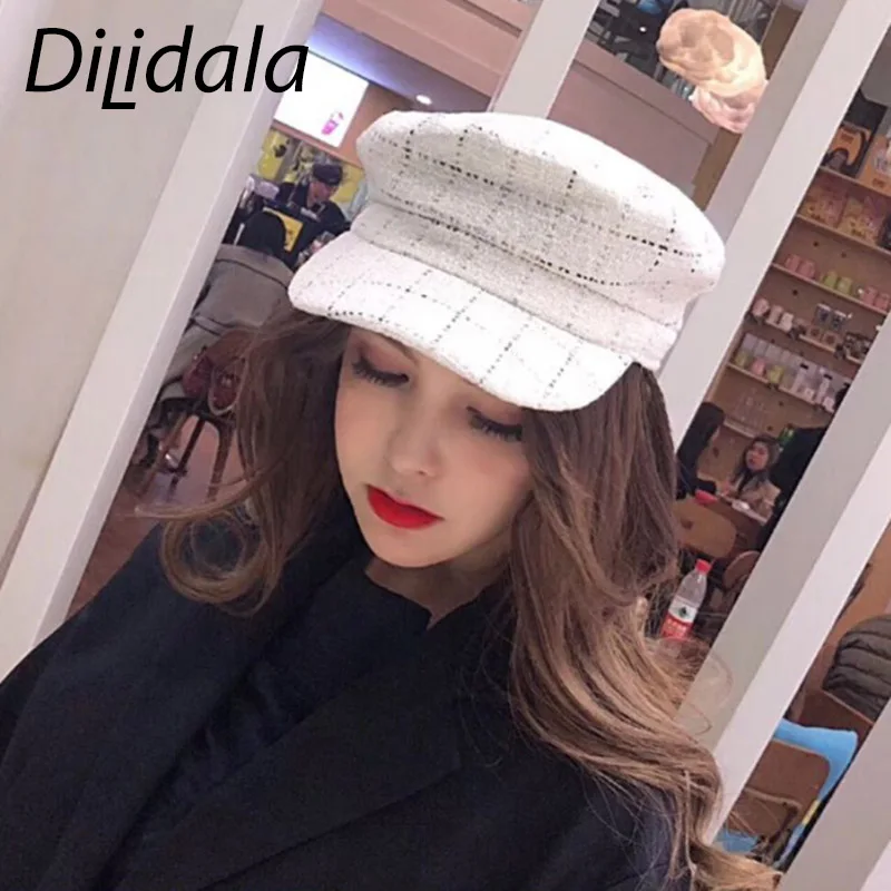 Dilidala, зимний шерстяной берет, женская шапка, клетчатая, дикая, Вязанная, восьмиугольная шапка, высокое качество, Ретро стиль, плоская шапка, модная, остроконечная шапка