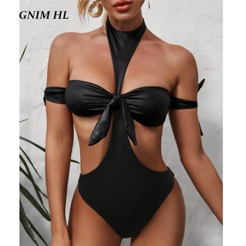 

GNIM PU Leather Bikini Swimwear Women 2020 Sexy Bow Bathing Suit Women One Piece Backless Black Bandage Brazilian Swimsuit New