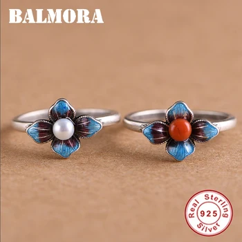 

BALMORA 925 Sterling Silver Vintage Floral Pearl Open Stucking Rings for Women Gift Fashion Ethnic Enameling Anillos Jewelry