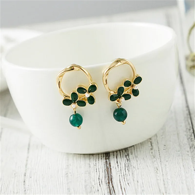 Fashion green glass flower crystals stud earrings Vintage Popular lady earrings Ethnic dazzle colour flowers earrings for women