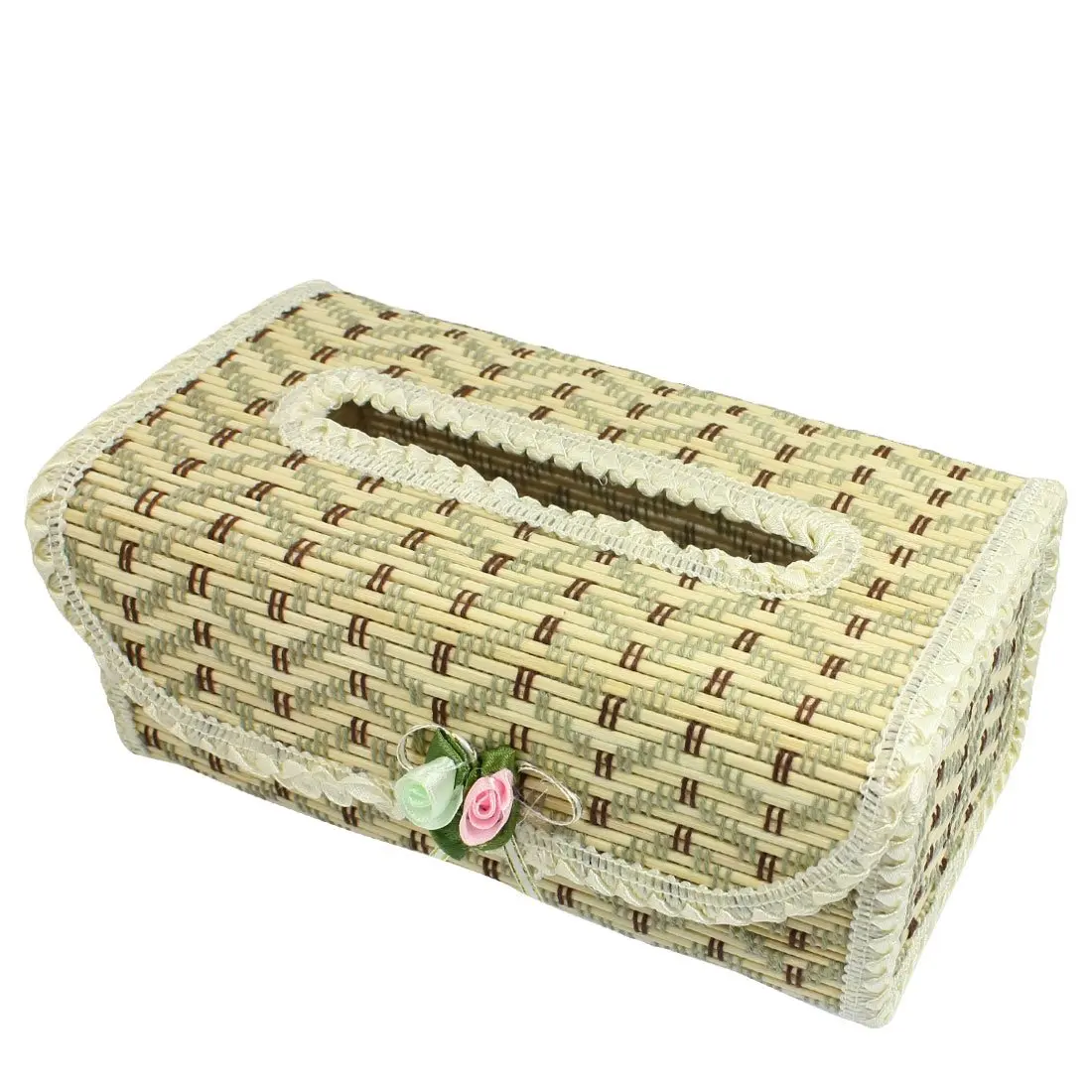 Zigzag Pattern Flower Decor Bamboo Handmade Tissue Box Cover Holder