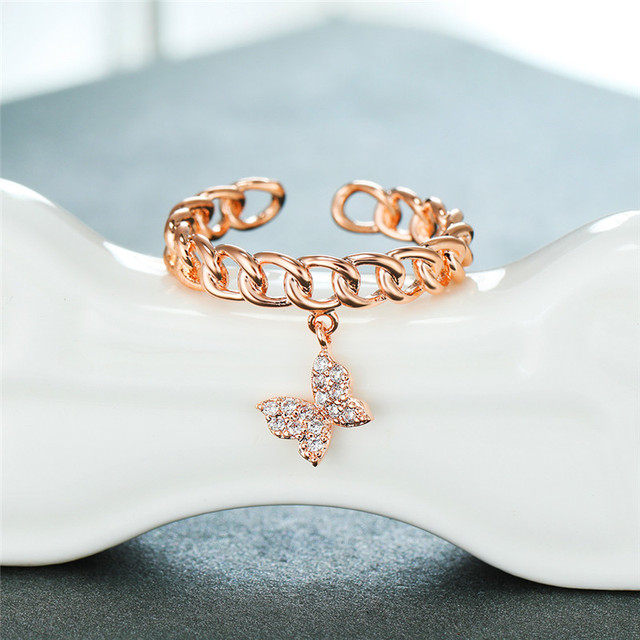 Female White Crystal Jewelry Rose Gold Silver Color Wedding Rings For Women Cute Butterfly Open Pendant Engagement Ring