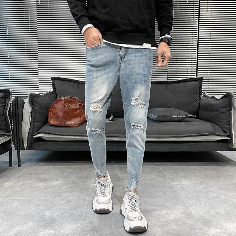 Джинсы мужские Стрейчевые до щиколотки повседневные рваные Брюки Slim Fit в