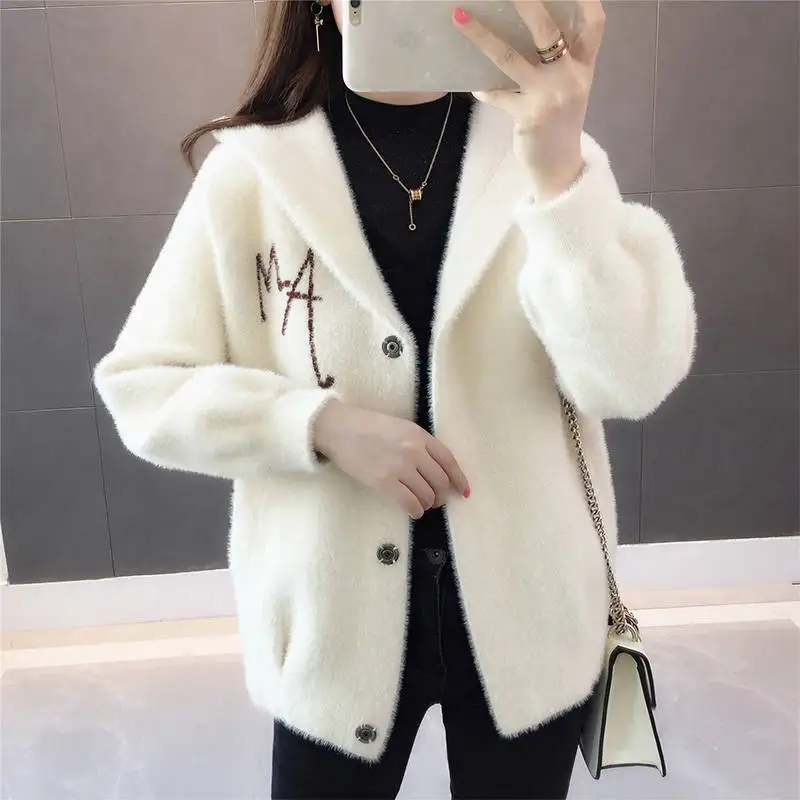 Women Mink Fur Jacket Autumn Winter Women Coat Loose Embroidered Thick Velvet Hooded Sweater Female Cardigan