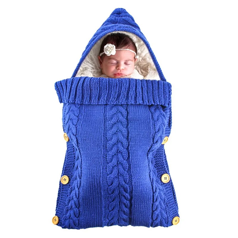 Зимние теплые спальные мешки для новорожденных на пуговицах, вязаные пеленки для новорожденных, шерстяной конверт для коляски - Цвет: BU