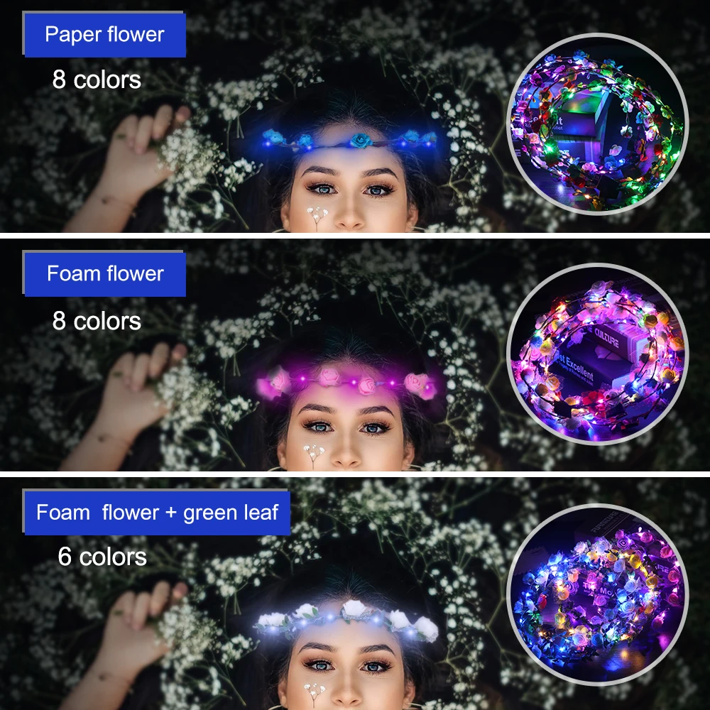 8pcs LED Garlands Halloween Christmas Decorations For Home Wedding Decoration LED Light Up Headband Hair Wreath Flower Hairband