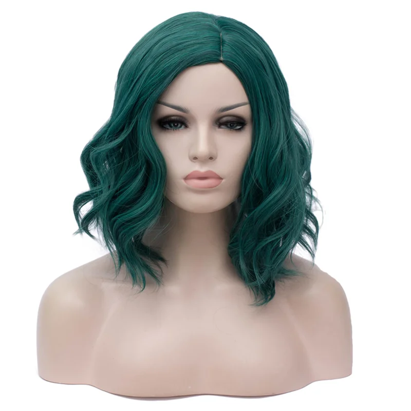 Dark grass green Женский парик короткие вьющиеся волосы темно-зеленый Косплей синтетический парик синий с черным - Цвет: Dark grass green