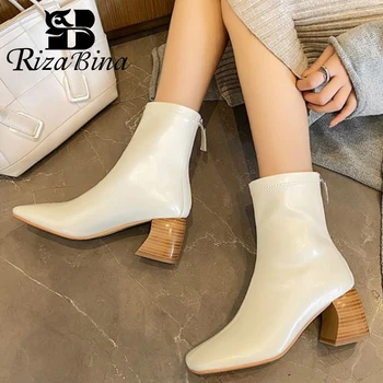 

RIZABINA Women Ankle Boots Rthick High Heel Square Toe Zipper Shoes Winter Warm Boots Women Fahion Party Footwear Size 34-40