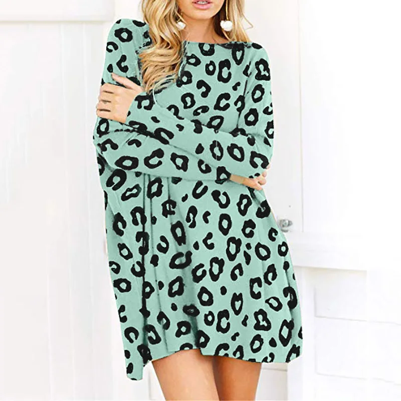 2020 Сексуальное Женское леопардовое мини платье с круглым вырезом и длинным