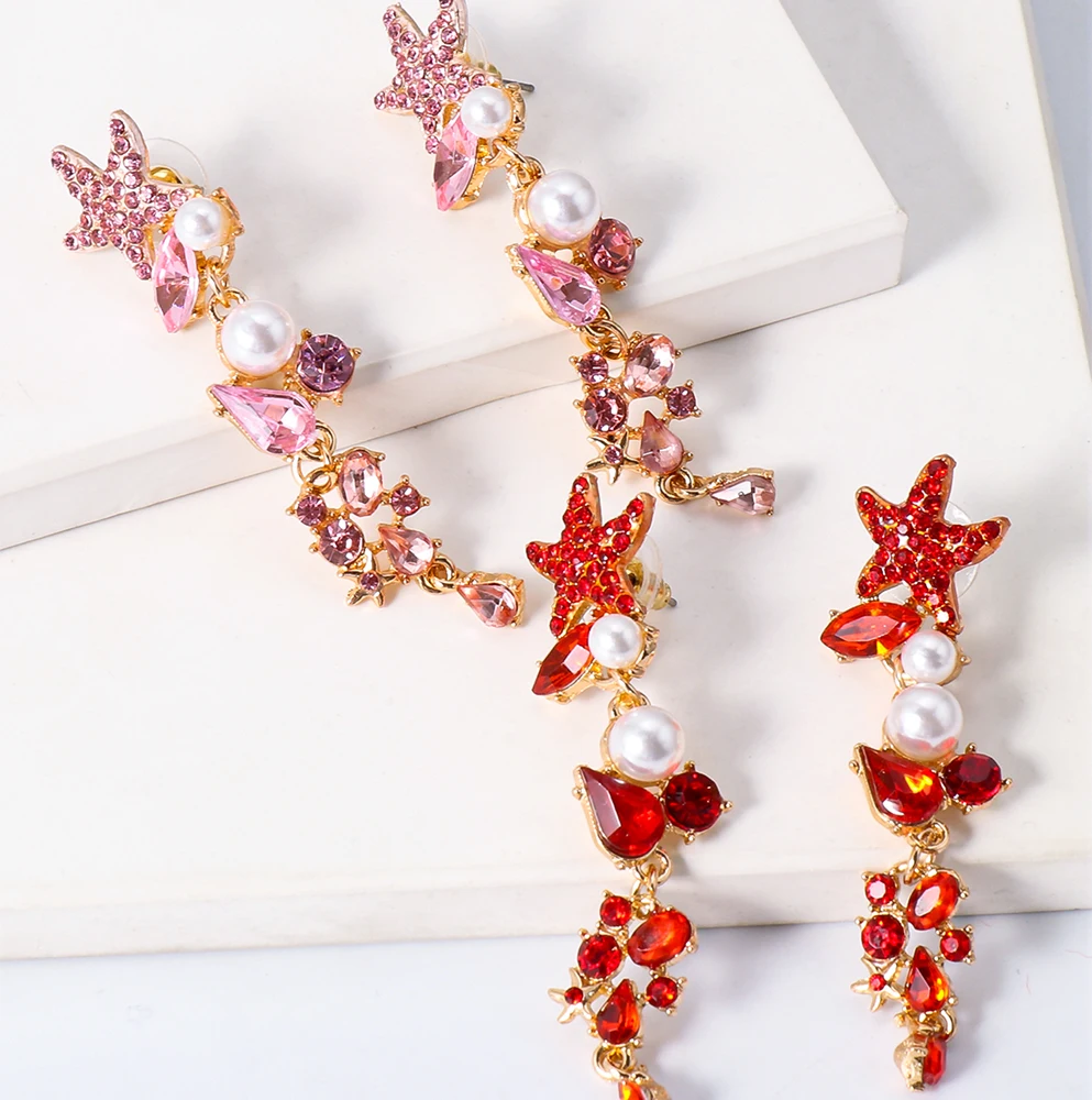 Starfish Earrings Summer Crystal Dangle Drop For Women Sandy beach Pearl Zircon