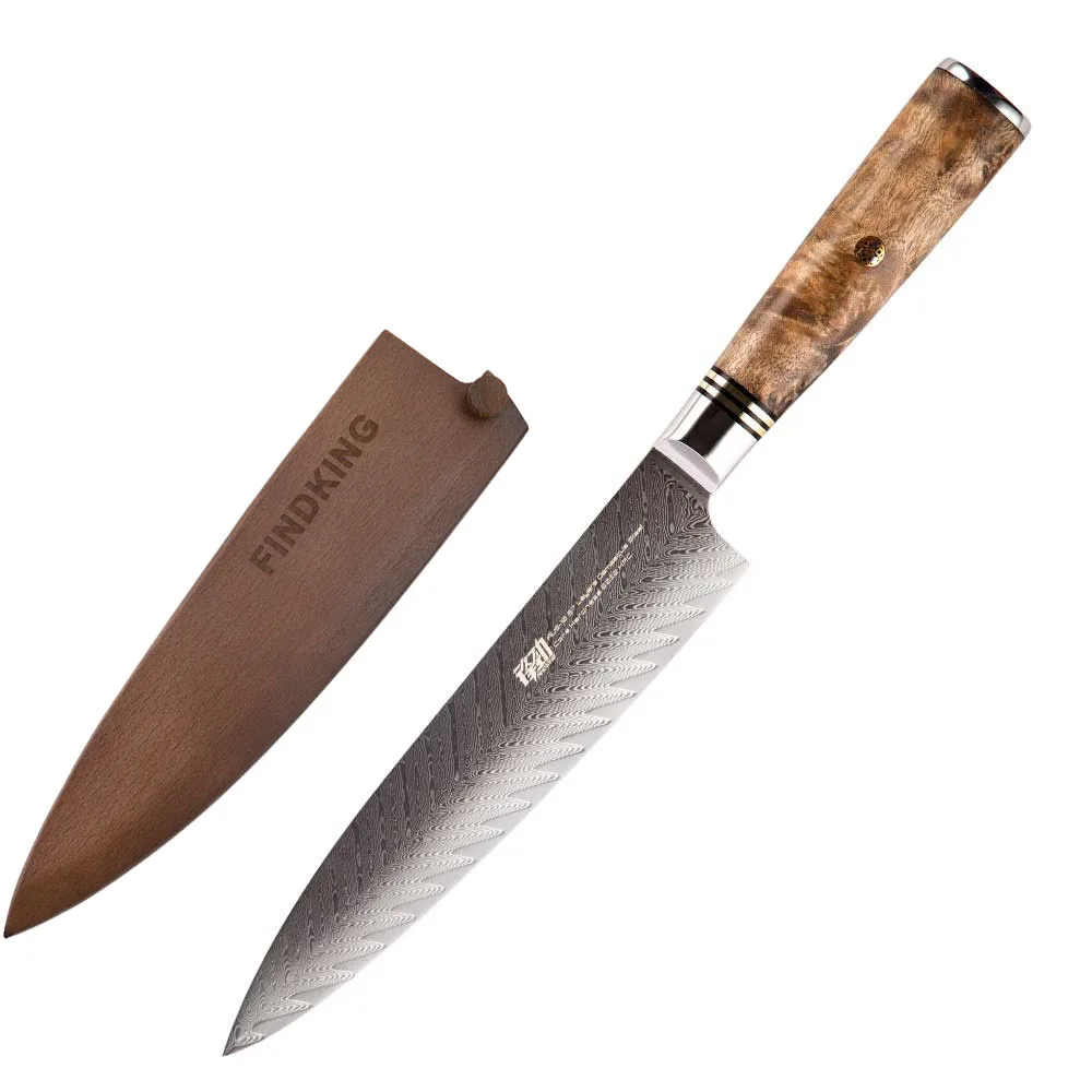1 knife with cover FINDKING, новинка, AUS-10, дамасская сталь, Sapele, с деревянной ручкой, с узором стрелы, дамасский нож, 8 дюймов, нож шеф-повара, 67 слоев, кухонные ножи - Цвет: 1 knife with cover