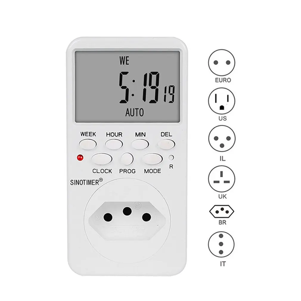 SINOTIMER TM519 7 дней Еженедельный ЖК-цифровой программируемый переключатель розетка таймер вилка контроль релейного переключателя времени ЕС/США/Великобритания/IT/BR/IL