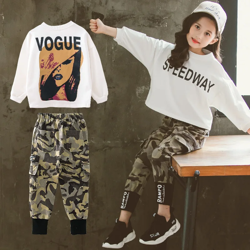 

Girls Fall Outfit Set 2019 Autumn New Fashion Long-sleeved T-shirt + Camouflage Pants Girls Clothes 10 12 Year Teenage Clothing