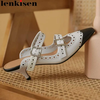 

Lenkisen european style hollow ruffles breathable full grain leather pointed toe thin high heels mules slip on fashion pumps L20