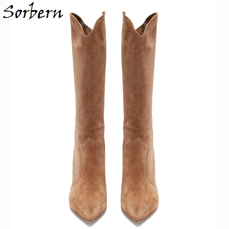Sorbern; коллекция года; Botas De Mujer; сапоги до колена на квадратном каблуке с острым носком размера плюс; замшевые Модные женские вечерние сапоги