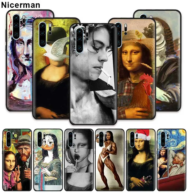 

Spoof Art Mona Lisa Case for Huawei P20 P30 P Smart Z Plus 2019 P10 P9 Lite Pro Black Silicone TPU Phone Coque Cover cobre Cages