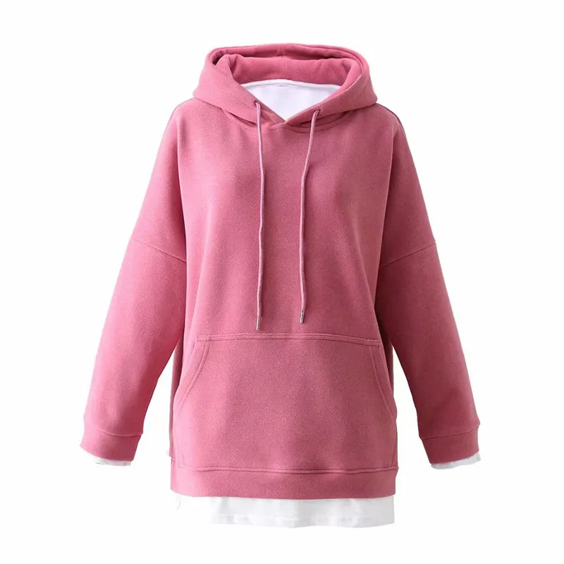 Rose pink Осень Зима Стиль Уличная поддельные два плюс бархат с капюшоном свитер для женщин, сплошной цвет свободные толстые повседневные толстовки для женщин - Цвет: Rose pink