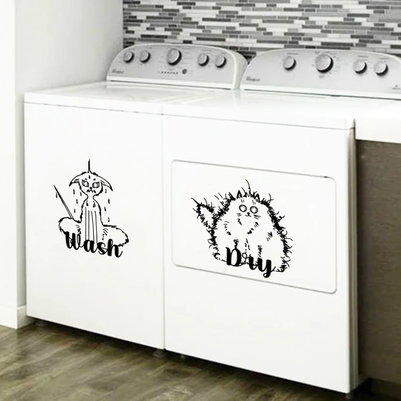 Wall Stickers Self Adhesive Stickers Vinyl Stickers Self Adhesive Wall Stickers Vinyl Wall Stickers Wash Dry Sign Vinyl Decals Laundry Room Decor Funny Wet Cat Decal Washing Machines Door Decoration Vinyl Sticker Laundry Art