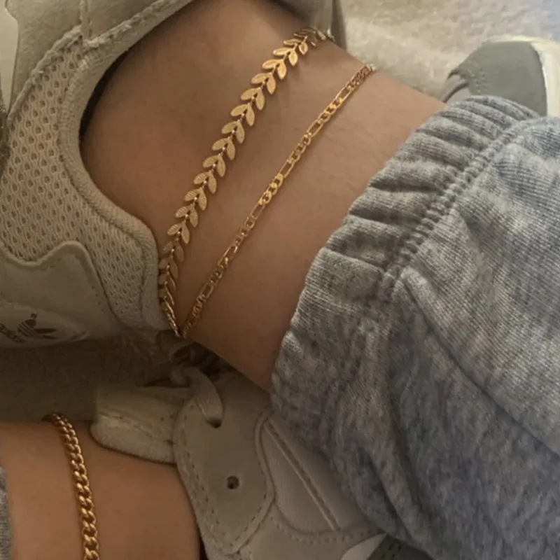 

Fz0099 Europe And America Accessories Minimalist Style Metal Textured Chain Anklet Leaf Leaves 3 Set