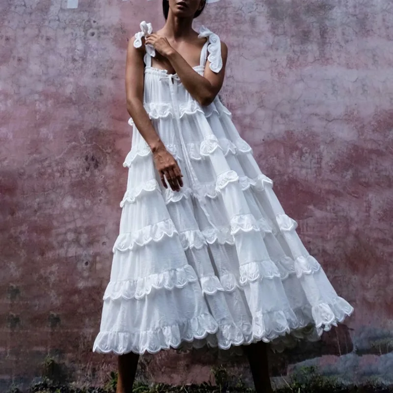 Elegant Patchwork Maxi Dress for Women Multi-layer Ruffled White Court, Strapless, Oversized Cotton Puffy Skirt, Little Fairy S