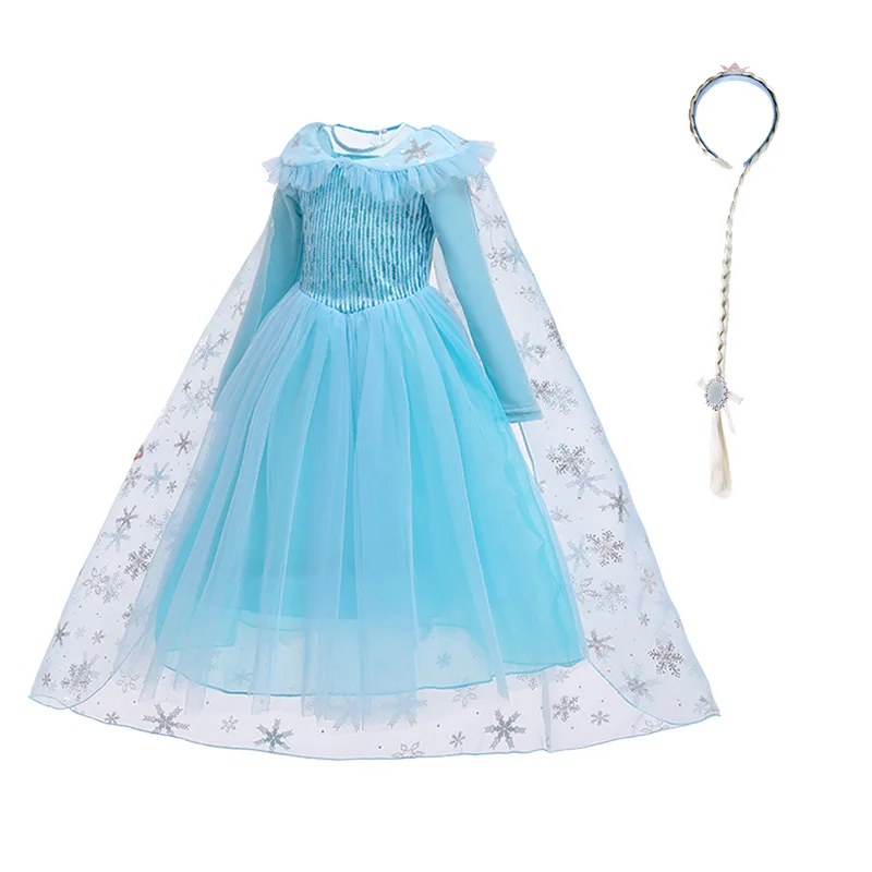 Dress and Wig Платье Эльзы для девочек Детский костюм Снежной Королевы 2 Эльзы Детский карнавальный костюм на Рождество, день рождения детская одежда для костюмированной вечеринки - Цвет: Dress and Wig