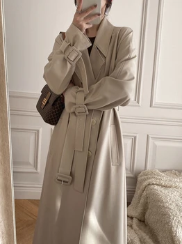 

Mid-length classic elegant ladies windbreaker double-breasted pure color simple Korean women's jacket