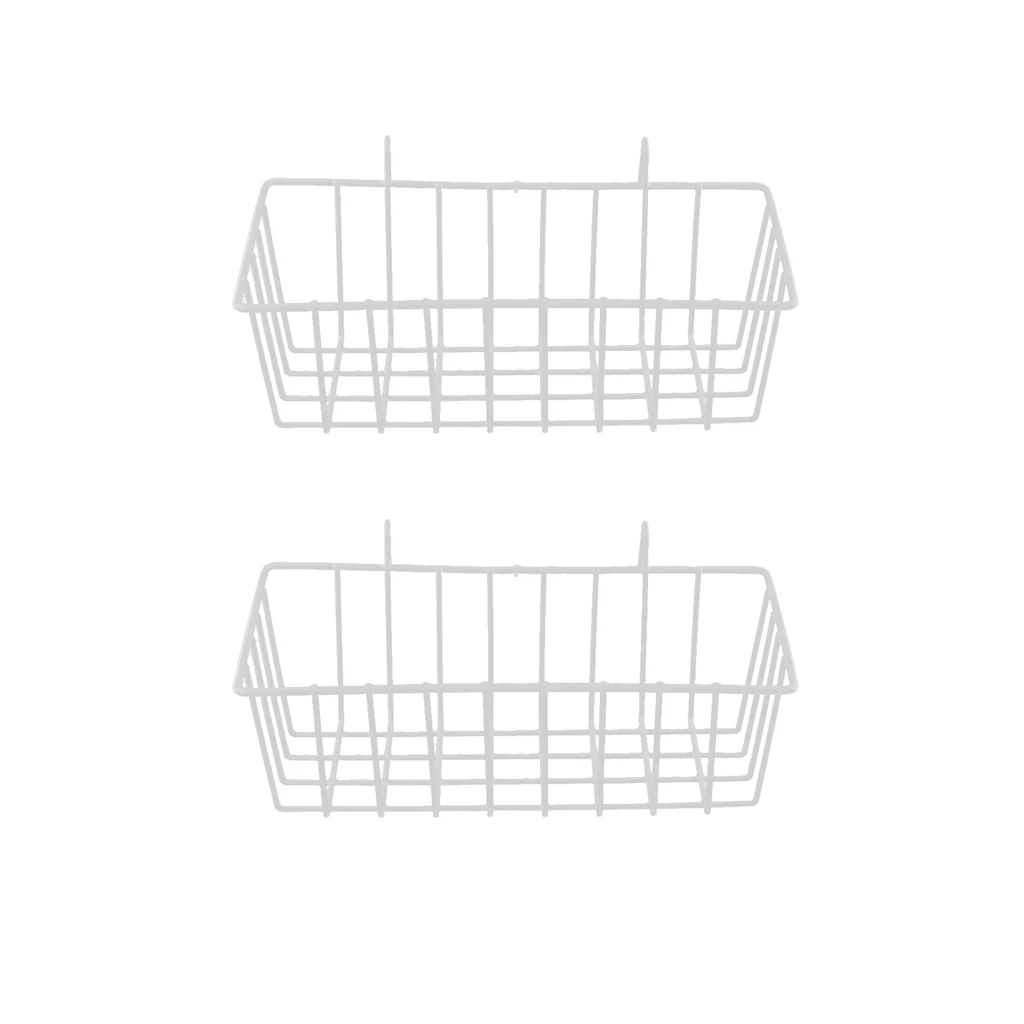 2Pieces White Grid Basket Wire Wall Basket with Hanging Hook, Wall-mounted Organizer for Grid Panel, Wire Storage Shelf Rack