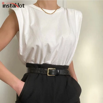 

InstaHot Sleeveless Casual T Shirt Round Neck Women Soft Summer t shirt Loose Minimalist Elegant Office Lady Tee Top t shirts