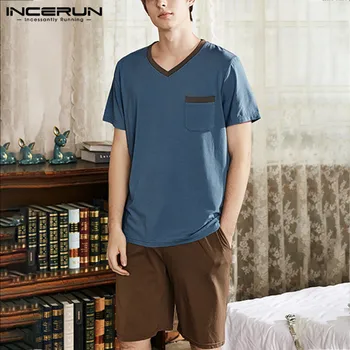 

INCERUN Summer Men Pajamas Sets Short Sleeve Cotton Sleepwear Shorts Sets Leisure V Neck Loose Soft Mens Homewear Suit Nightwear