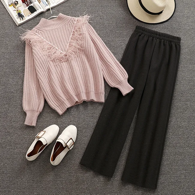 

Loose Retro Sweater Sequin fringe high neck sweater + woolen wide leg pants Broad-legged Trousers elastic waist Two-piece Suit