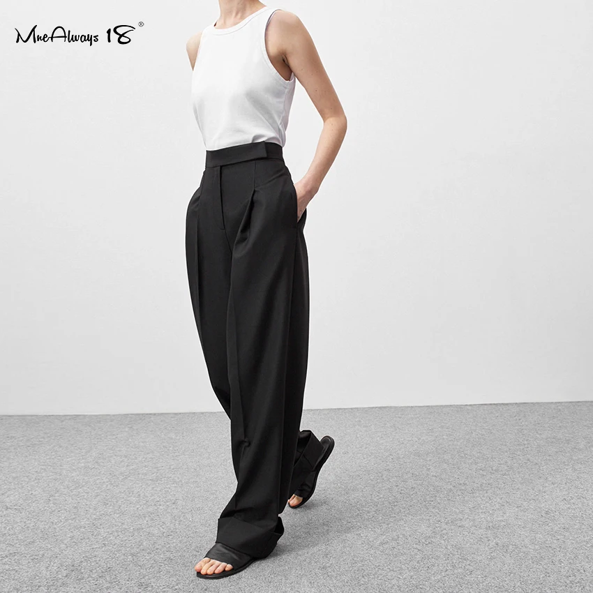 Mnealways 18 Spring Summer Black Ladies Office Trousers Women High Waist Pants Pockets Female Pleated Wide Leg Pants Solid 2021 2