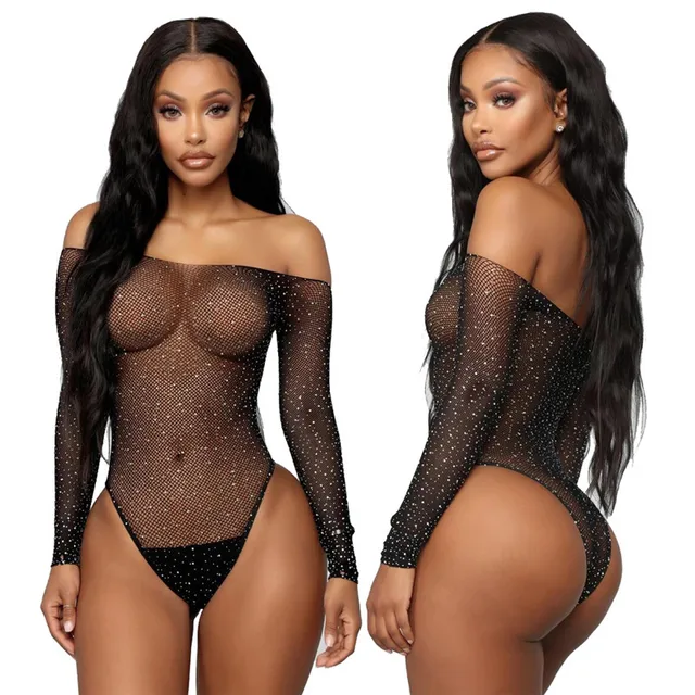 Sexy Women Fishnet Rhinestone Bodysuits Bodycon Long Sleeve Leotard Top Hollow Out See Through Off Shoulder Sexy Lingerie 1