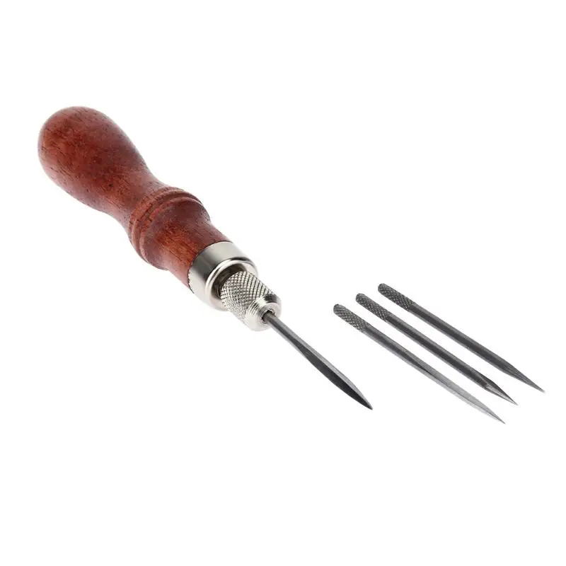 

4 In 1 Leather Tools Sewing Needles Diy Wood Handle Lacing Scratch Leather Stitching Awl Scratch Awl Canvas Leather Craft