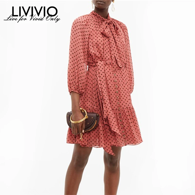

[LIVIVIO] Polka Dot Sash Lace Up Bow Neck Mini Dress Women Autumn Casual A Line Korean Fashion Clothing New