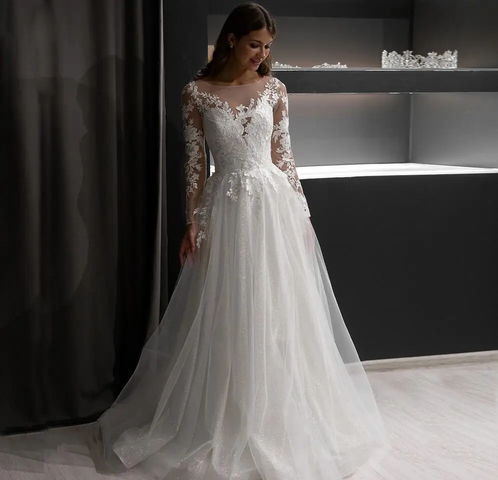 Белый ADLN Иллюзия Vestido De Noiva кружевное свадебное платье с длинными рукавами Совок Блестящий тюль Аппликация Свадебное платье невесты платье - Цвет: Белый