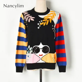 

Fall Winter Contrast Striped Sleeve Embroidered Leaves Beaded Sequins Sunglasses Girls Knitted Sweater Pullover Female Jumper