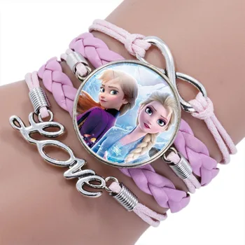 

Hot Sale Cute Pink Anna&Elsa Infinity Leather Cuff Bracelet For Girls Handmade Rope Wrap Bracelets Bangles New Charm Bracelet