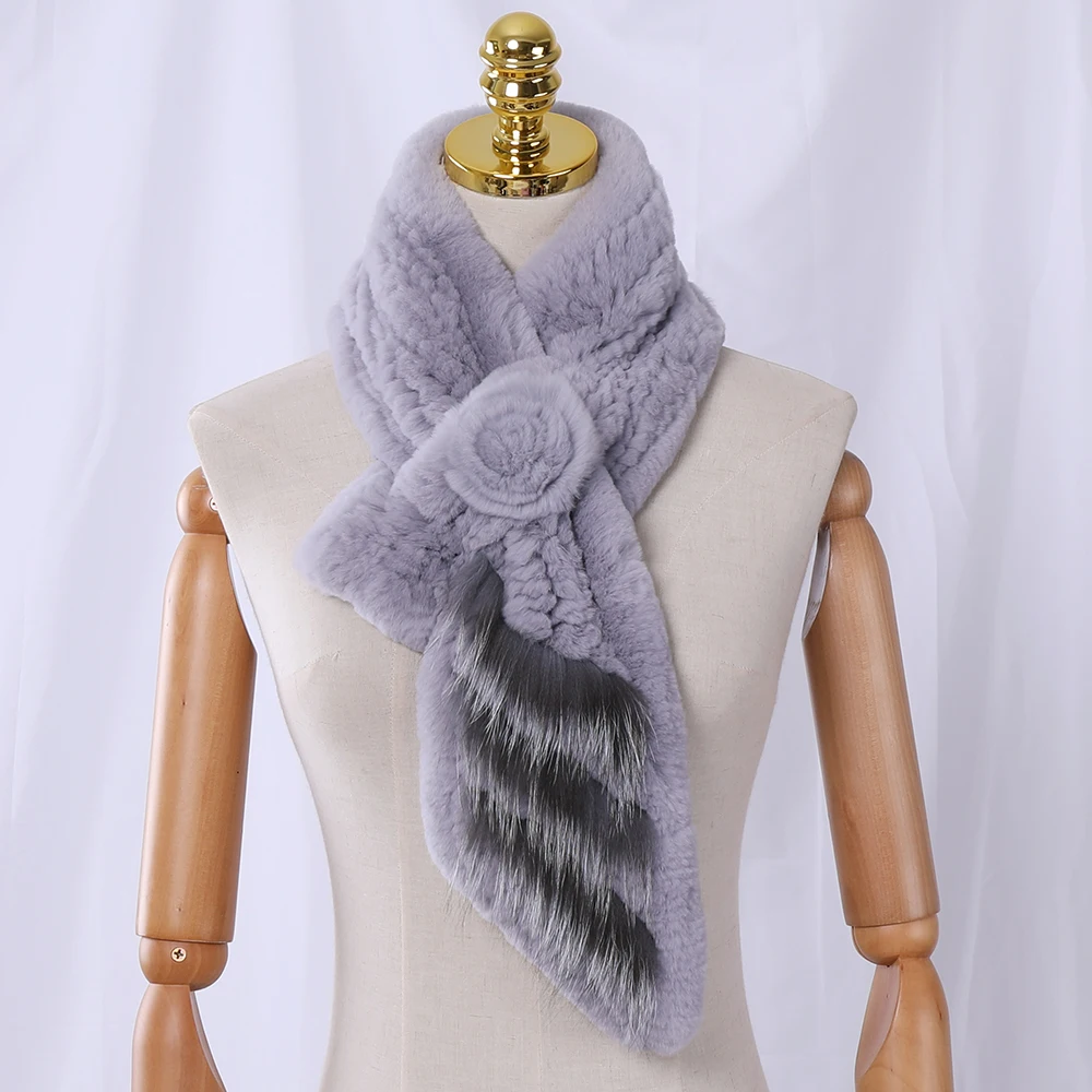 Натуральный кролик рекс, вязаный женский зимний шарф из меха лисы, шарфы, теплый шарф для девочки, натуральный шерстяной шарф с цветком