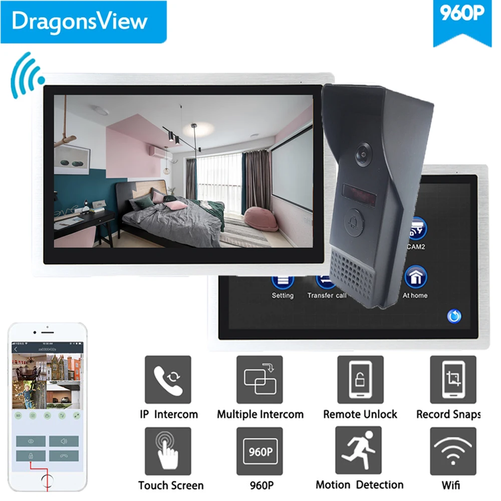 Set 1 No SD Card Dragonsview 10 дюймов видеодомофон видео дверной звонок Wifi система 960P HD 2 монитора и 1 дверной Звонок - Цвет: Set 1 No SD Card