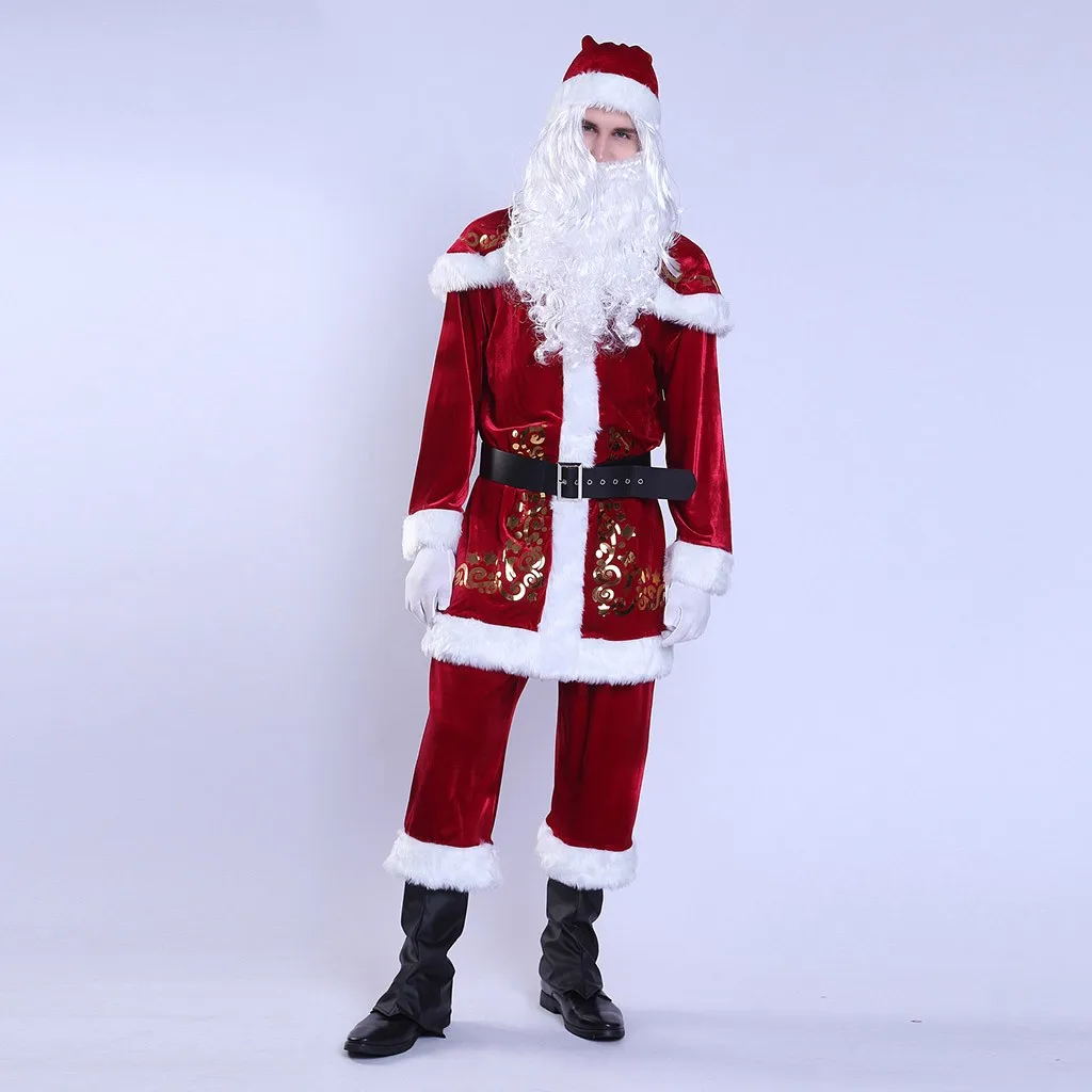 Мужской комплект для косплея Санта Клаус красная деревенская Рождественская фестиваль костюм с принтом шапка+ борода+ пояс+ перчатки набор Забавный костюм# G7