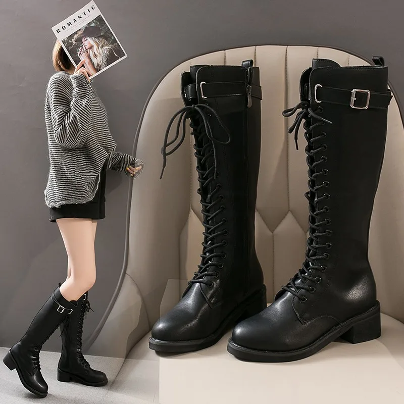 

2019 autumn winter band knight long barrel boots, thin and thin, low heel shoes, belt buckle, thin and thick heel