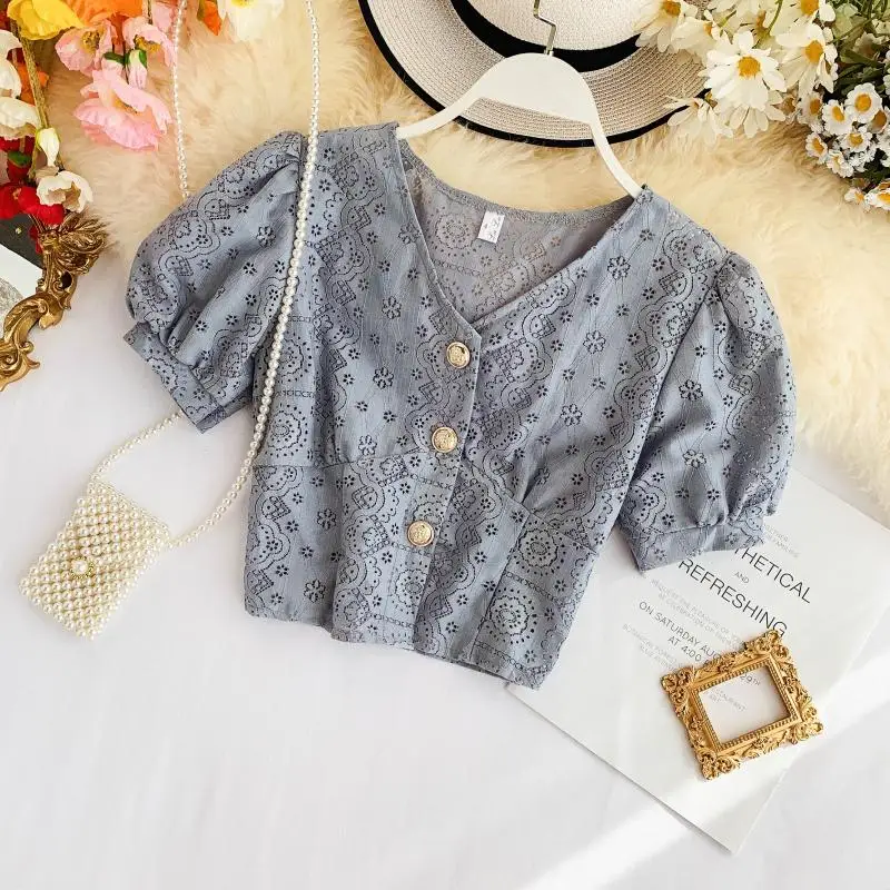 Новая мода Женская Ретро v-образным вырезом ажурная кружевная рубашка с коротким рукавом Женский Летний темперамент