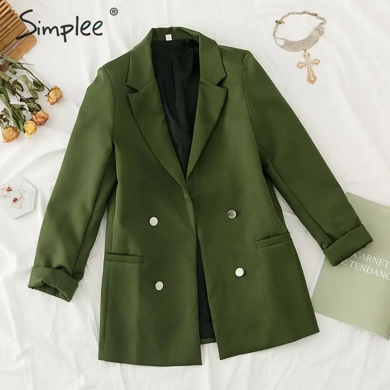 Simplee Двубортный женский пиджак Элегантный женский шикарный офисный пиджак осень зима верхняя одежда зеленый