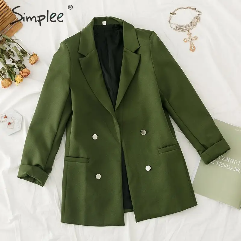 

Simplee Double breasted women blazer Elegant ladies chic office suit jacket Solid casual female autumn winter outwear army green
