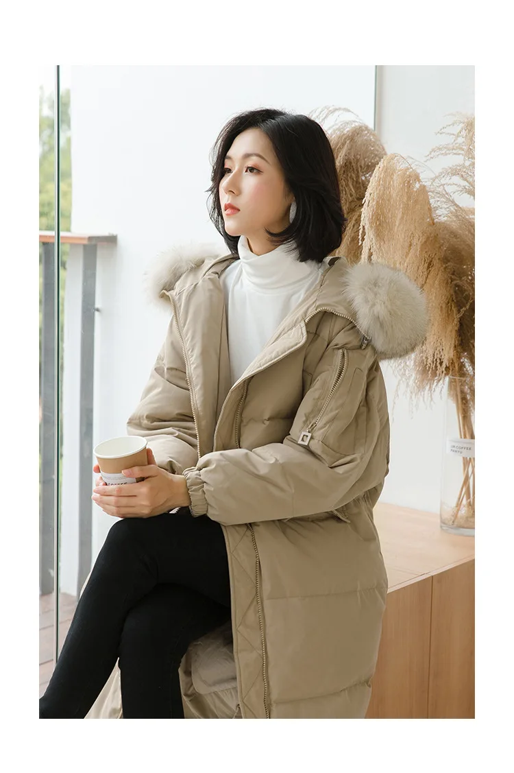 South Korea Dongdaemun Autumn& Winter New Style Simple White Duck down Fox Fur Long Hooded down Jacket Women's W077