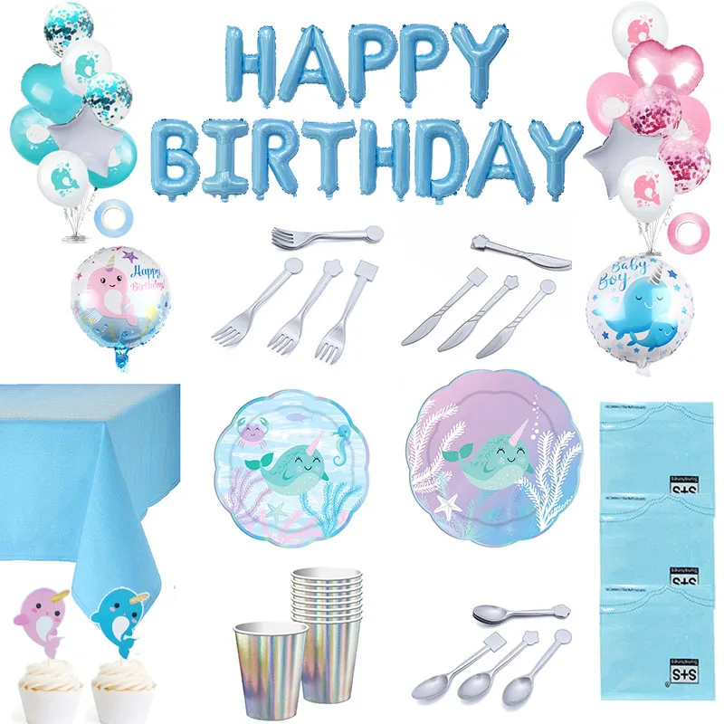 Cute Ocean Whale Narwhals Theme Disposable Tableware Paper Plates Cups Kids Birthday Party Baby Shower Decoration Supplies | Дом и сад