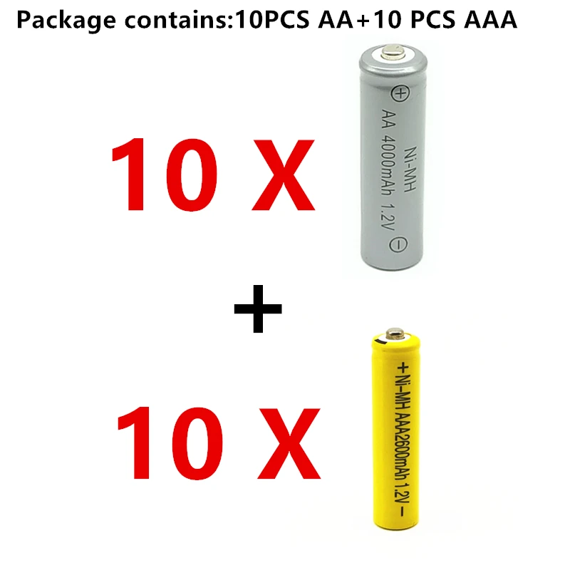 10 шт AA 4000mAh Ni-MH аккумуляторные батареи+ 10 шт AAA 2600mAh аккумуляторные батареи