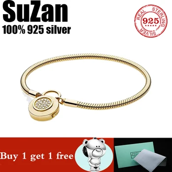 

Suzan Authentic original logo 100% sterling silver pan charm chain bracelet for women fashion lock shape snake bracelet jewelry