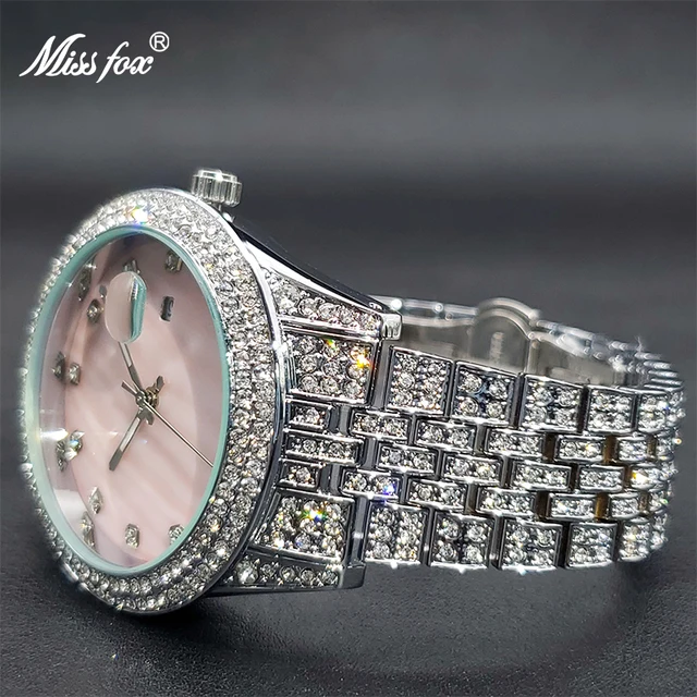 Relogio Feminino MISSFOX Elegant Diamond Bling Pink Watch For Women Geneva Luxury Unique Pearl Dial Dress Watches Dropshipping 3